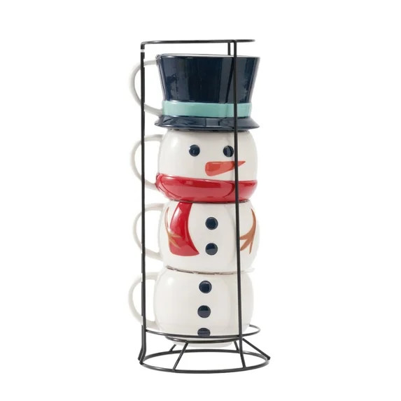 Snowman Stacking Ceramic Mug Set with Rack 12 OZ 5-Piece Holiday Time | Walmart (US)