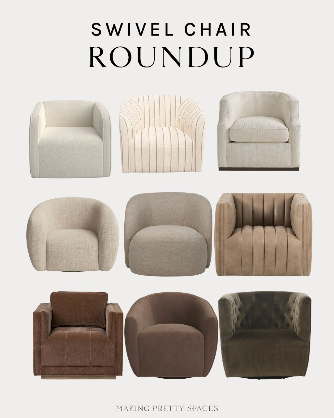 Shop this swivel chair round up all from Wayfair. Tan swivel chair. Brown swivel chair. Upholstered chair. Accent chair. Leather chair. Wayfair finds. Home finds. Furniture.  

 

#LTKHome #LTKSaleAlert #LTKStyleTip