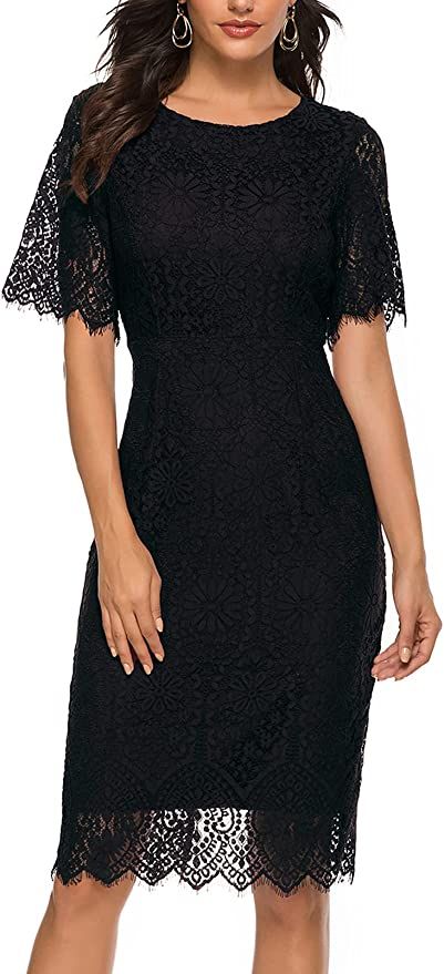 MEROKEETY Women's Short Sleeve Lace Floral Cocktail Dress Crew Neck Knee Length for Party | Amazon (US)