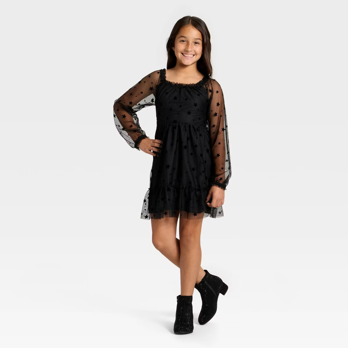 Girls' Long Sleeve Flocked Mesh Dress - Cat & Jack™ | Target