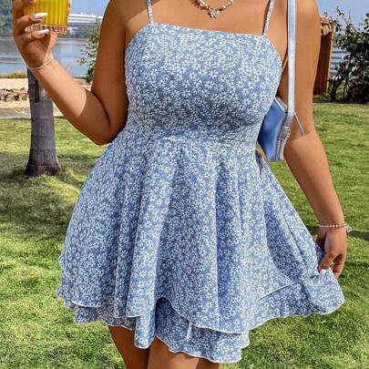 Plus Size Boho Floral Print Ruffle Hem Cami Romper, For Summer | SHEIN