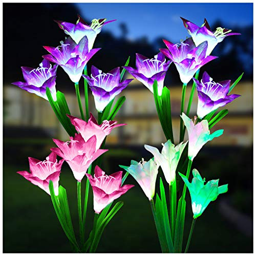 Outdoor Solar Lights, KOOPER 4 Pack Solar Garden Lights with Bigger Lily Flowers, Waterproof 7 Color | Amazon (US)