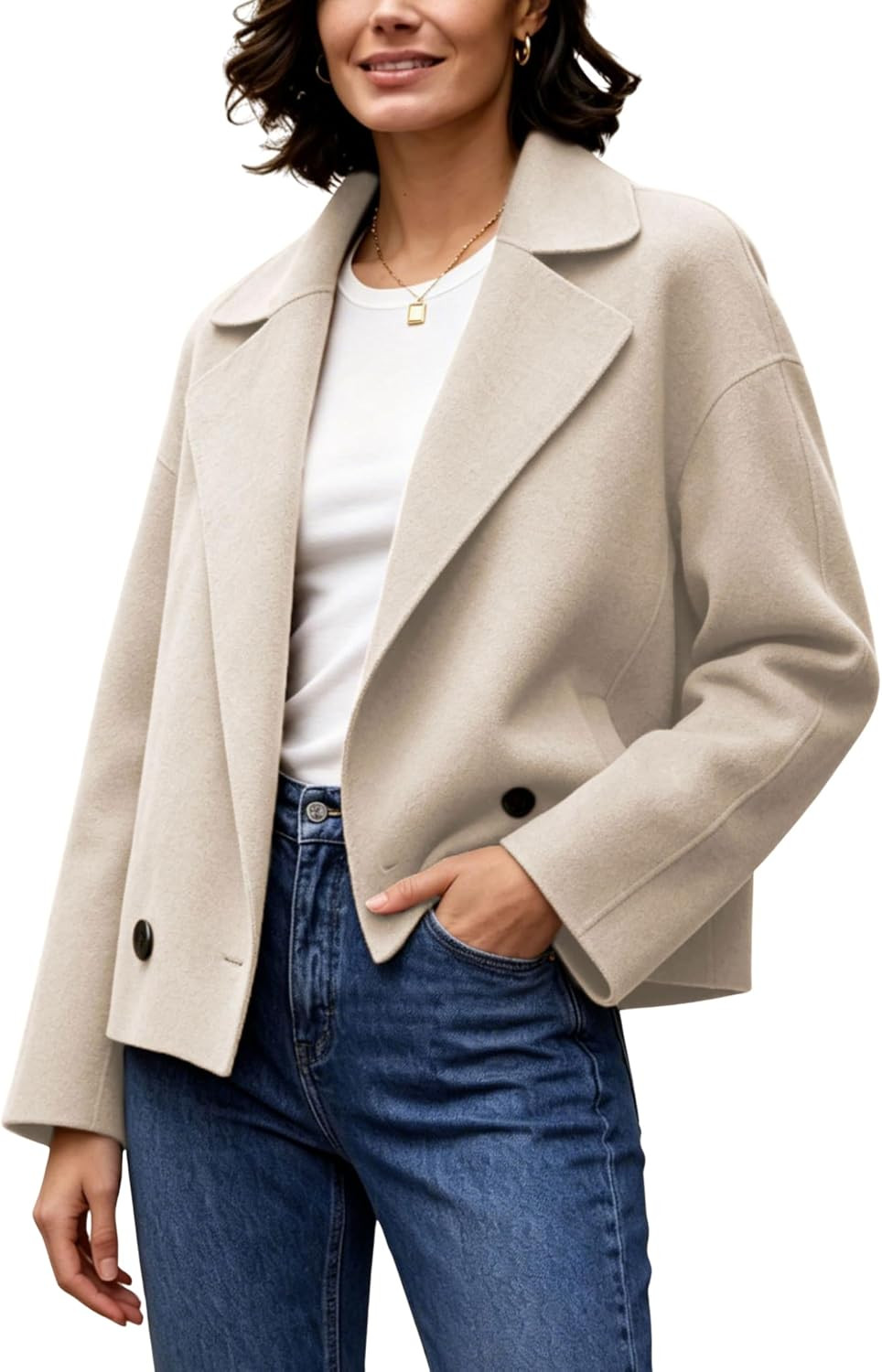 Womens Wool Blend Pea Coat Lapel Double Breasted Short Jacket | Amazon (US)