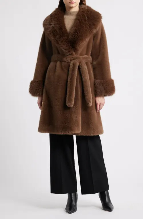 Elie Tahari The Jones Faux Fur Wrap Coat in Bistro Brown at Nordstrom, Size X-Large | Nordstrom