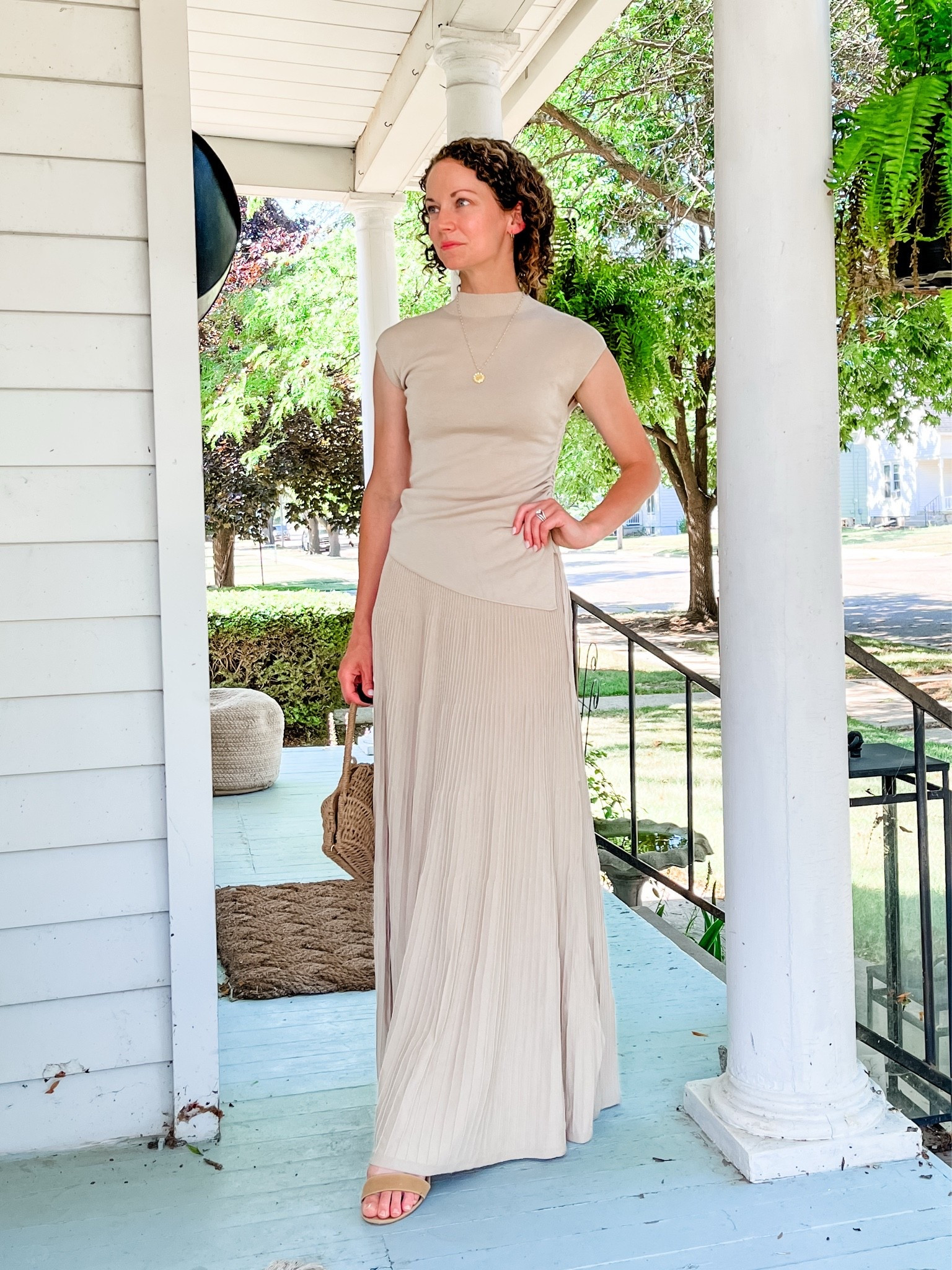 A beautiful knit set for summer!
Knit top and skirt from Chicwish. 
Small gold hoop earrings are old, linking similar. 
Pendant necklace is old from Uncommon James, linking similar. 
Block heels from Steve Madden. 
Rattan seashell bag from Chicwish. 
Petite outfit. Classic outfit. Summer outfit.  Neutral outfit. Modest outfit.

#LTKootd #LTKmomlife #LTKOver40