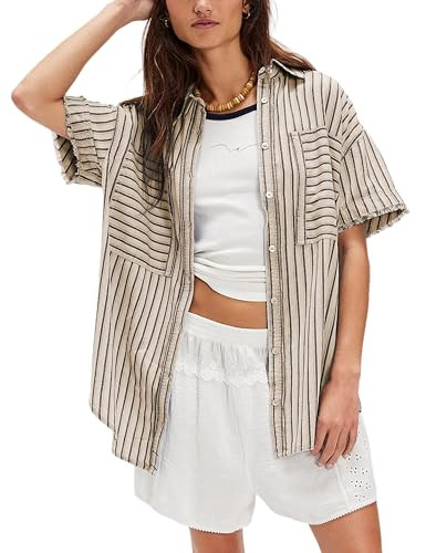 Womens Striped Button Down Shirts Casual Collared Short Sleeve Blouses Tops | Amazon (US)