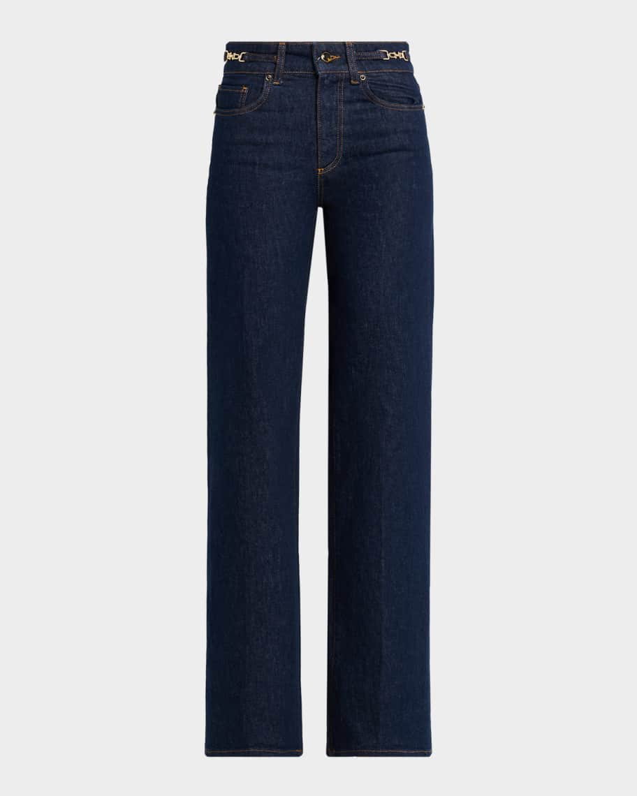 Sasha Wide-Leg Jeans with Embellished Waistband | Neiman Marcus