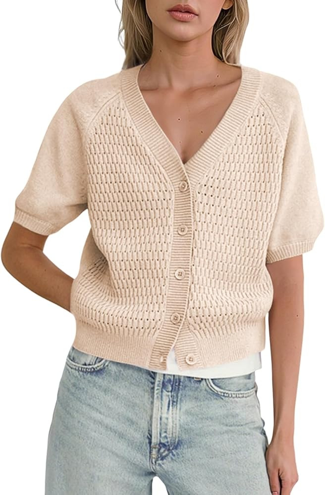 Dokotoo Womens Summer Tops 2024 Trendy V Neck Hollow Out Cropped Button Down Shirts Puff Sleeves ... | Amazon (US)