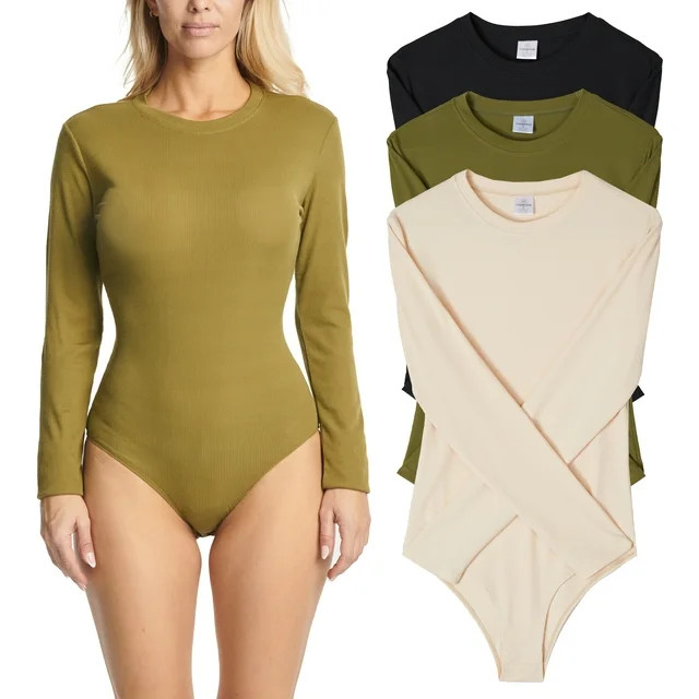 Real Essentials 3 Pack: Women's Round Neck Long Sleeve Ribbed Bodysuit Shirt Tops (Available in P... | Walmart (US)