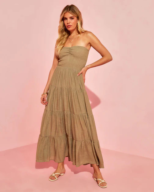 Rosalina Strapless Smocked Tiered Maxi Dress - Olive | VICI
