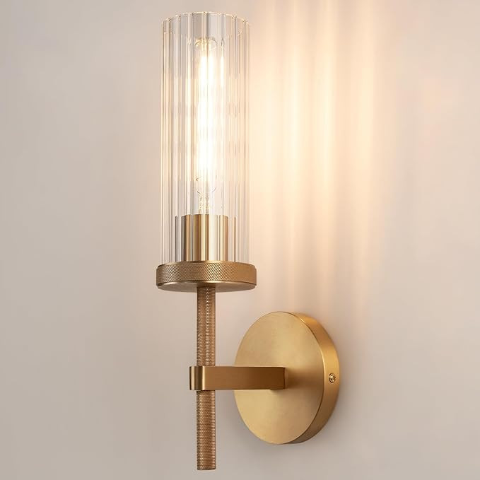 15" Knurled Brass Wall Sconce with Vertical Striped Glass Tube, Gold Bathroom Vanity Light Fixtur... | Amazon (US)
