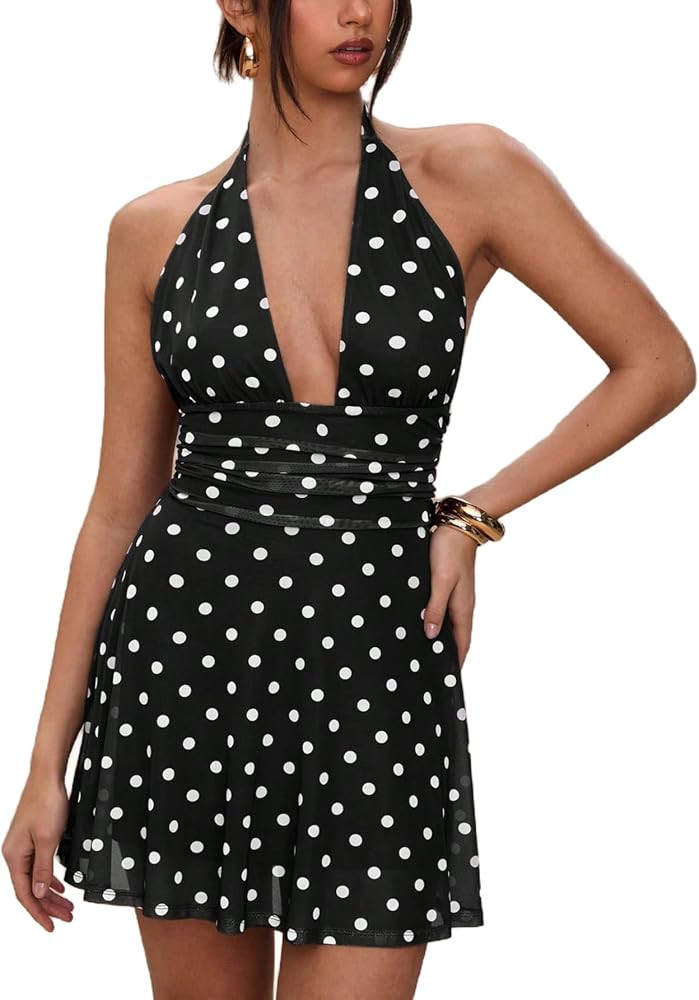 Milumia Women's Polka Dots Ruched Backless Halter Mini Dress Sexy Deep V Neck A Line Short Dresse... | Amazon (US)