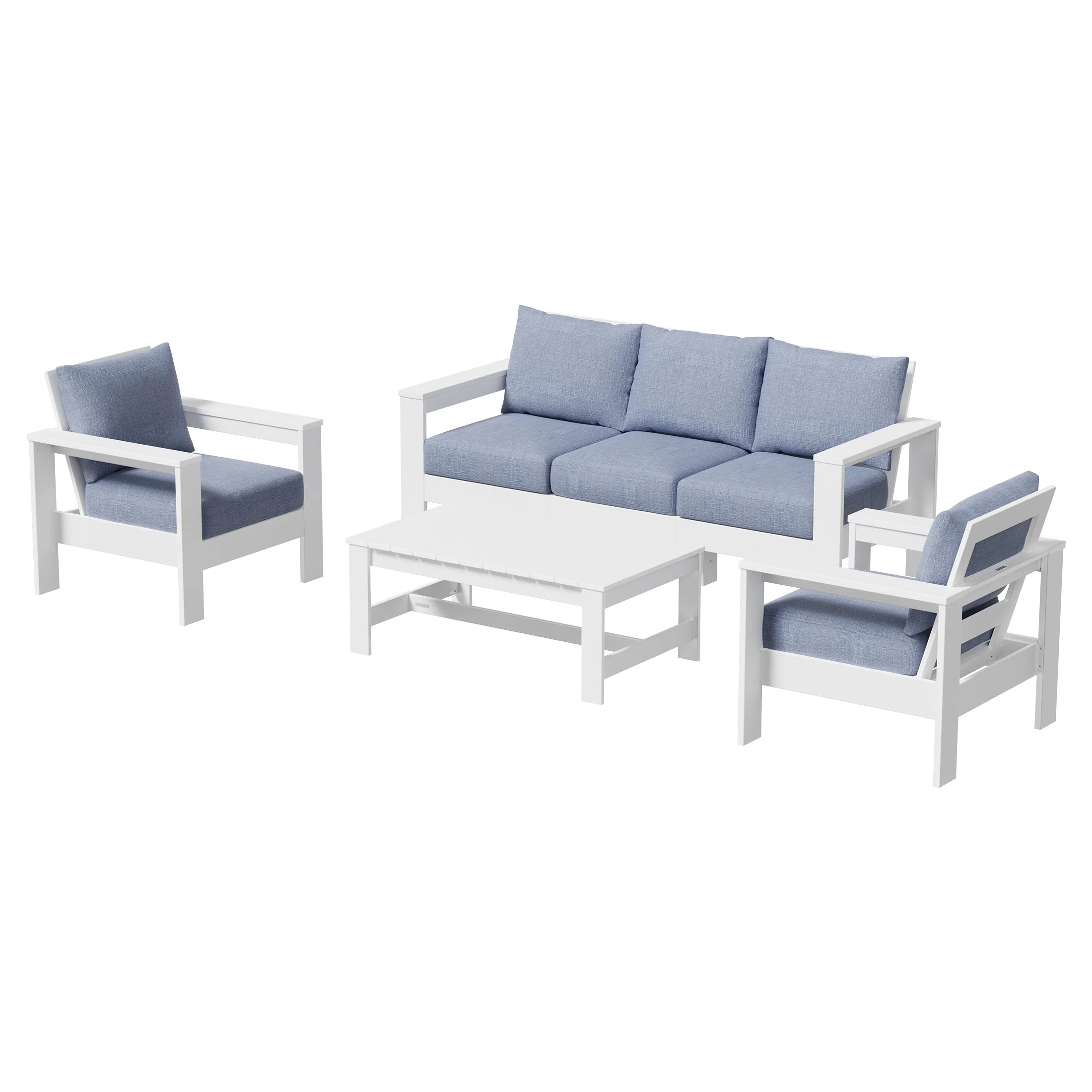 Better Homes & Gardens Ezra 4-Piece Outdoor HDPE Conversation Set, White with Blue Cushions | Walmart (US)