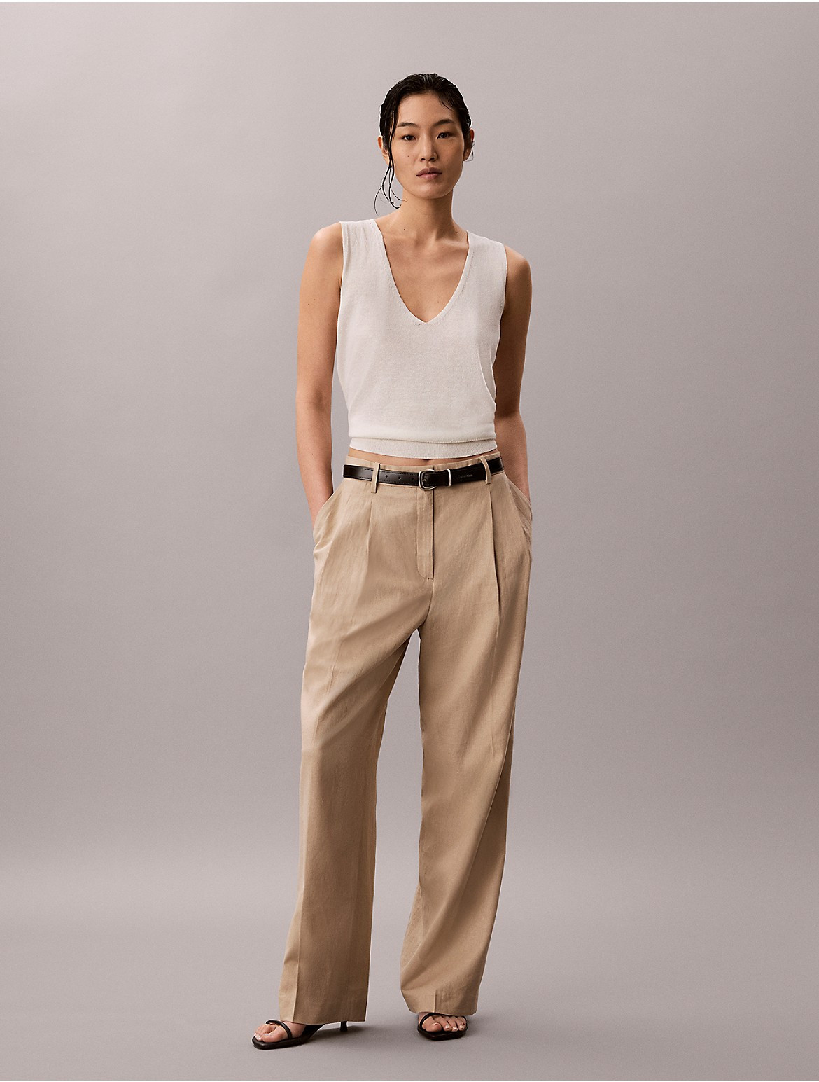 Calvin Klein Women's Linen Blend Tailored Wide Leg Pants - Brown - 0W x RL | Calvin Klein (US)