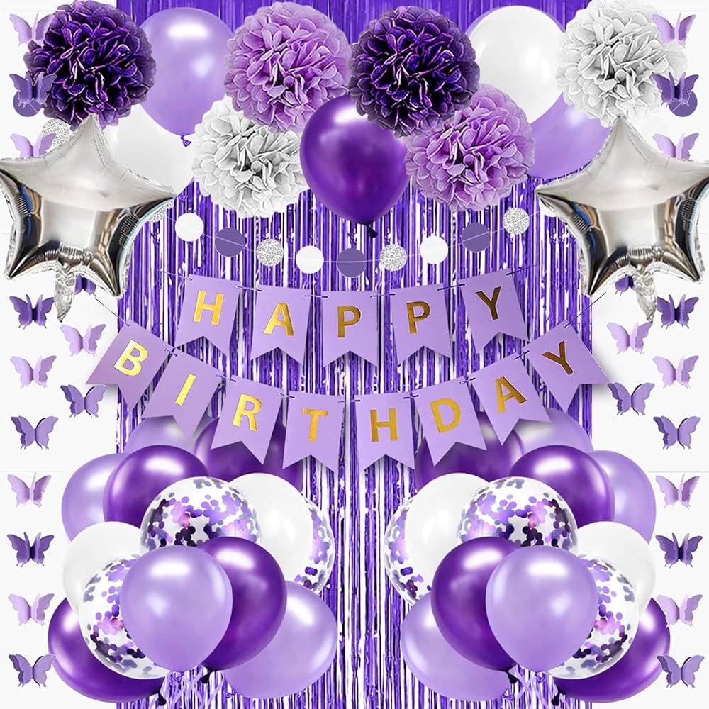 Lasocy Purple Birthday Decorations for Women Girls Butterfly Hanging Garland Purple and White Sil... | Amazon (US)