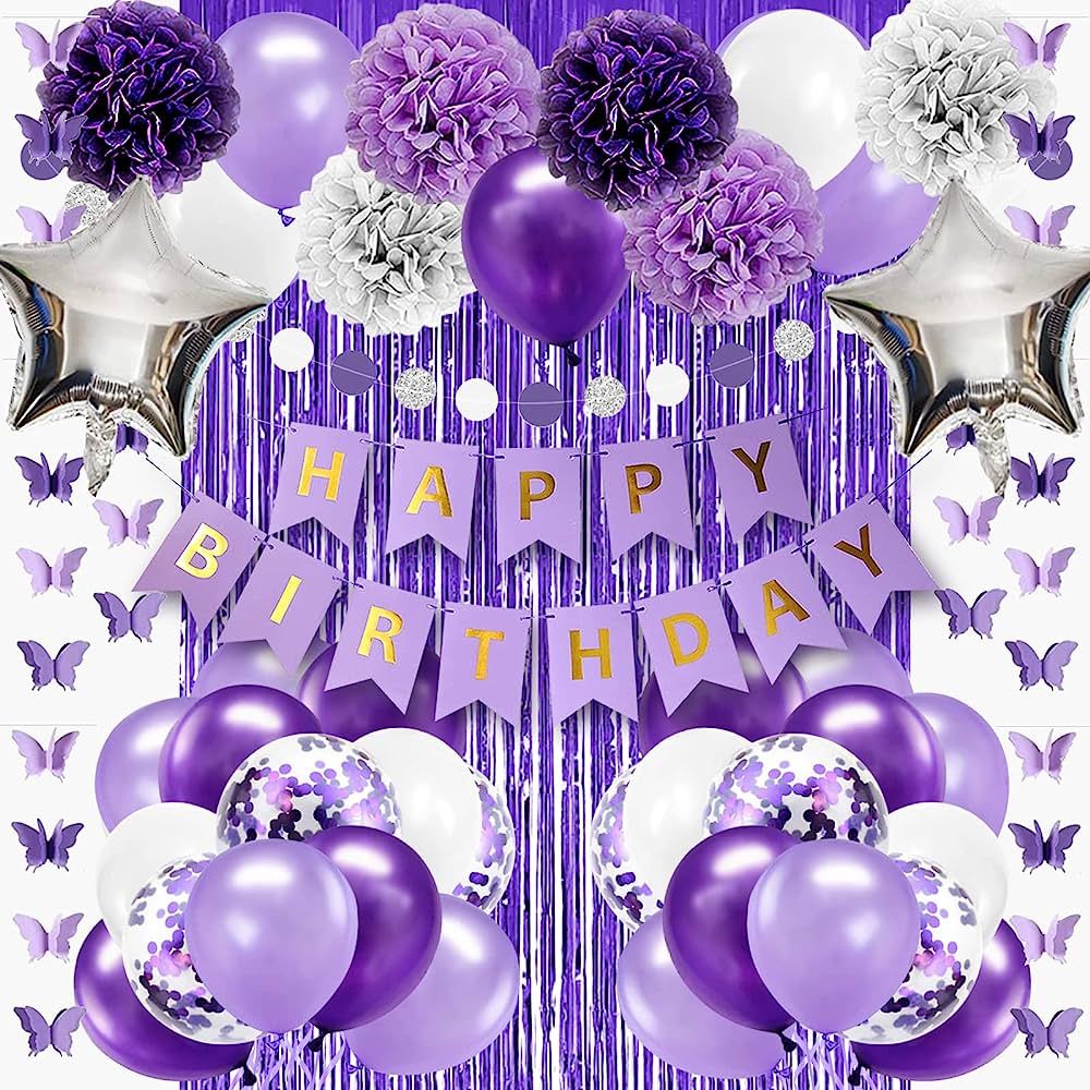 Lasocy Purple Birthday Decorations for Women Girls Butterfly Hanging Garland Purple and White Sil... | Amazon (US)