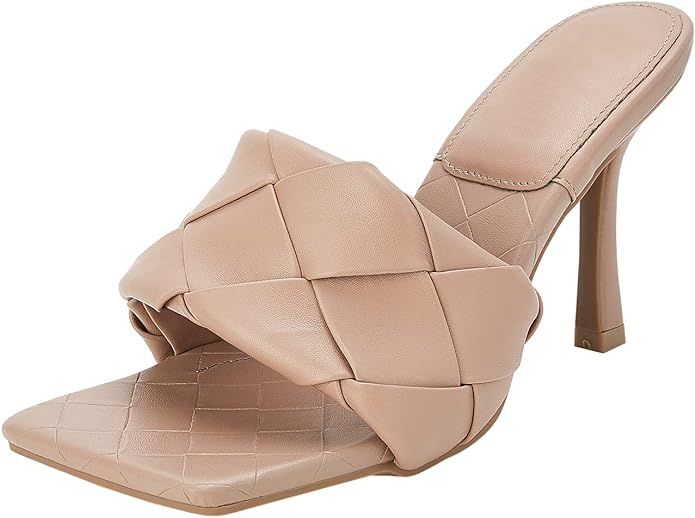 Omysky Womens Braided Heels Sandals Square Open Toe Heeled Leather Mule Woven Slides Stiletto Sli... | Amazon (US)