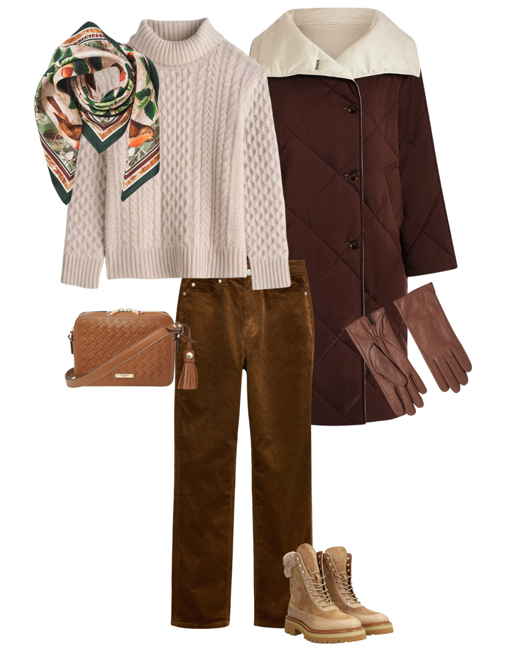 What to pack for Christmas in a country house hotel - Boxing Day - countryside walks, cosy coat, cable knit sweater, cords, walking boots, silk scarf, tan gloves and bag 

 #LTKuk #LTKfestive #LTKover50style