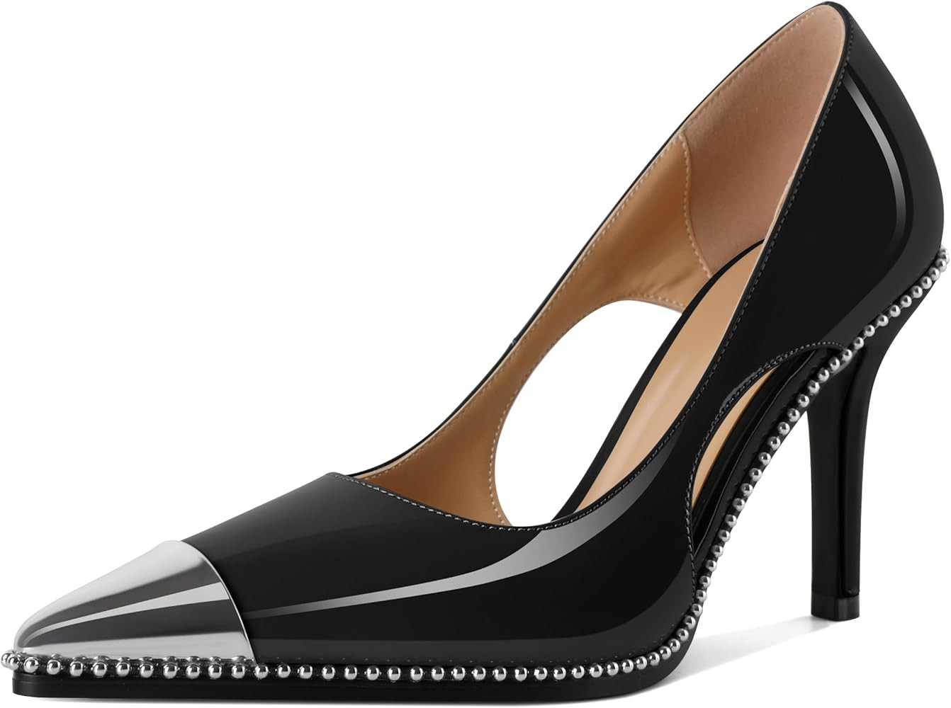 Mettesally Stiletto Heels Beaded Pumps for Women Sliver Cap Pointed Toe Pumps Sexy Cut Out High H... | Amazon (US)