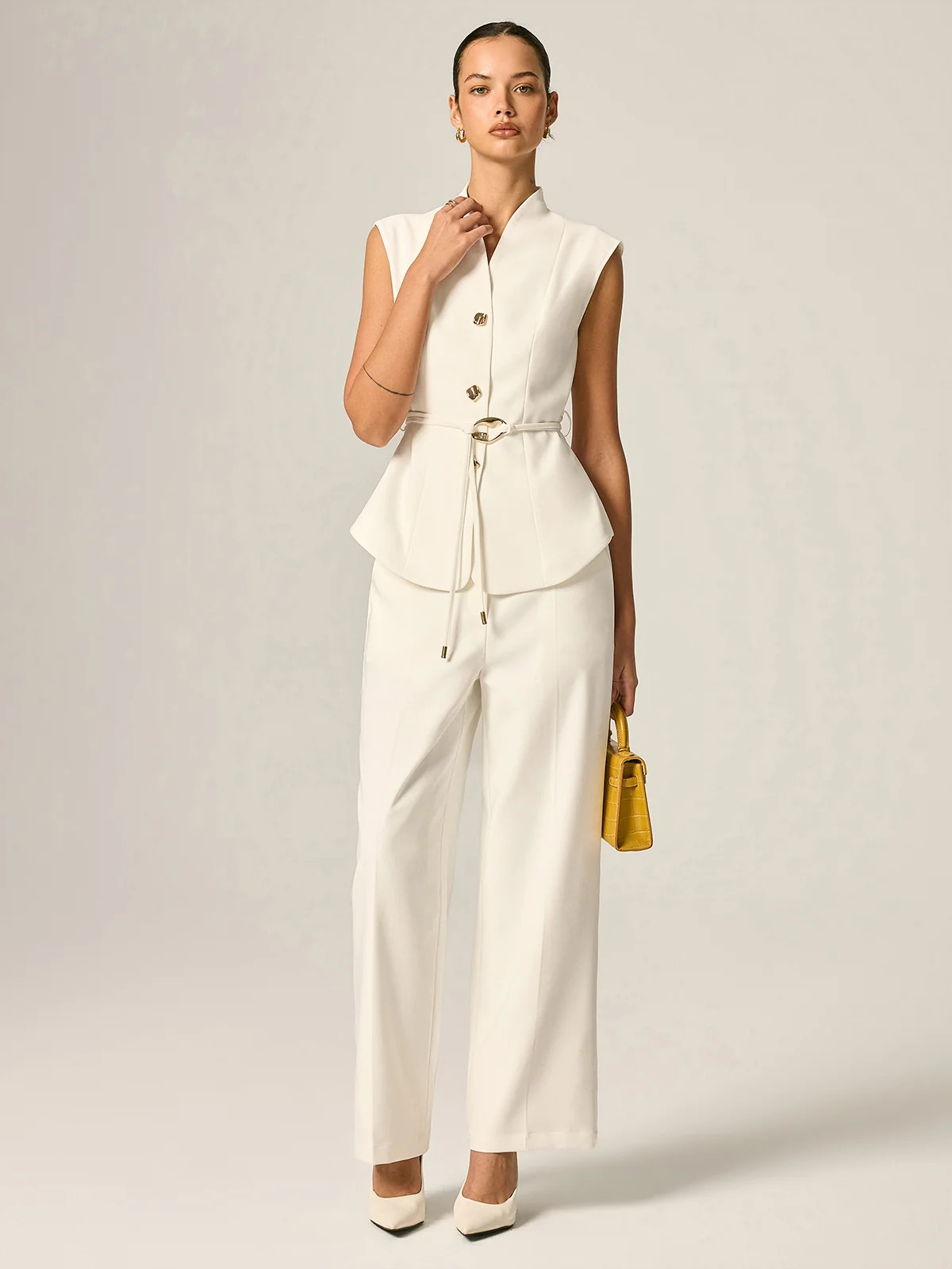 Stand Collar Belted Vest & Pants Set | Commense