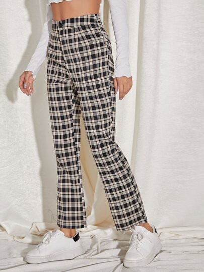 High Waist Plaid Straight Leg Pants | SHEIN