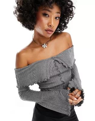 ASOS DESIGN off shoulder long sleeve top in grey cable knit | ASOS (Global)