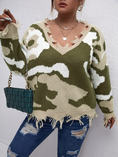 Plus Camo Pattern Distressed Sweater | SHEIN