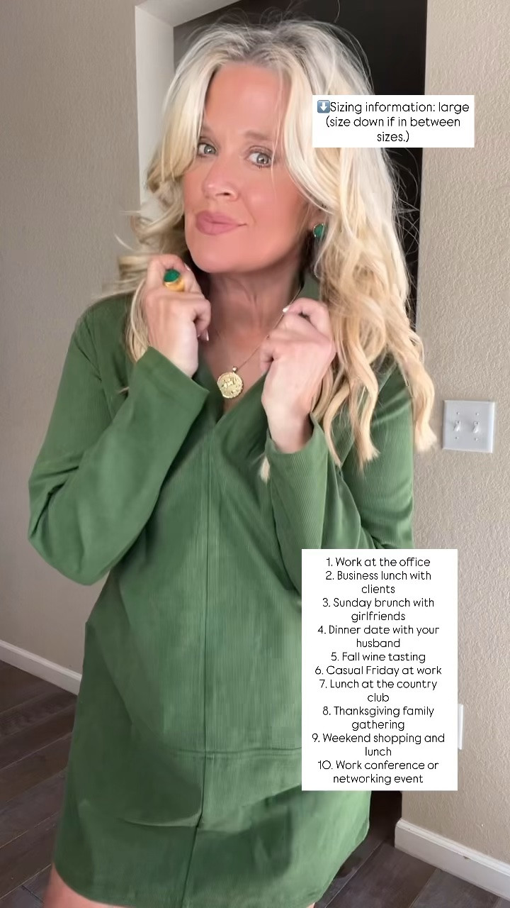 ✨Tap the bell, save and ❤️ start here over 40 fashion, midlife style, midsize fashion and luxury looks for less.  

⬇️Sizing information:
Large (size down if in between sizes.)

This olive-green shirt dress with tall chocolate-brown boots is perfect for 10 real-life occasions for women over 40 and 50.
Fall brunch with girlfriends
Date night with your husband
Wine tasting or a vineyard afternoon
Casual Friday at the office
Thanksgiving dinner with family
Fall family photos
Lunch and shopping with friends
Church or a Sunday gathering
A weekend getaway in the mountains
Dinner out when you want to look put-together without trying too hard

👑 Helping you look good, feel good.-Lindsey Denver   Check back daily for belly-friendly style, confidence, and Outfit Physics™.

Comment SHOP below to receive a DM with the link to this post on my LTK ⬇ https://liketk.it/6psao