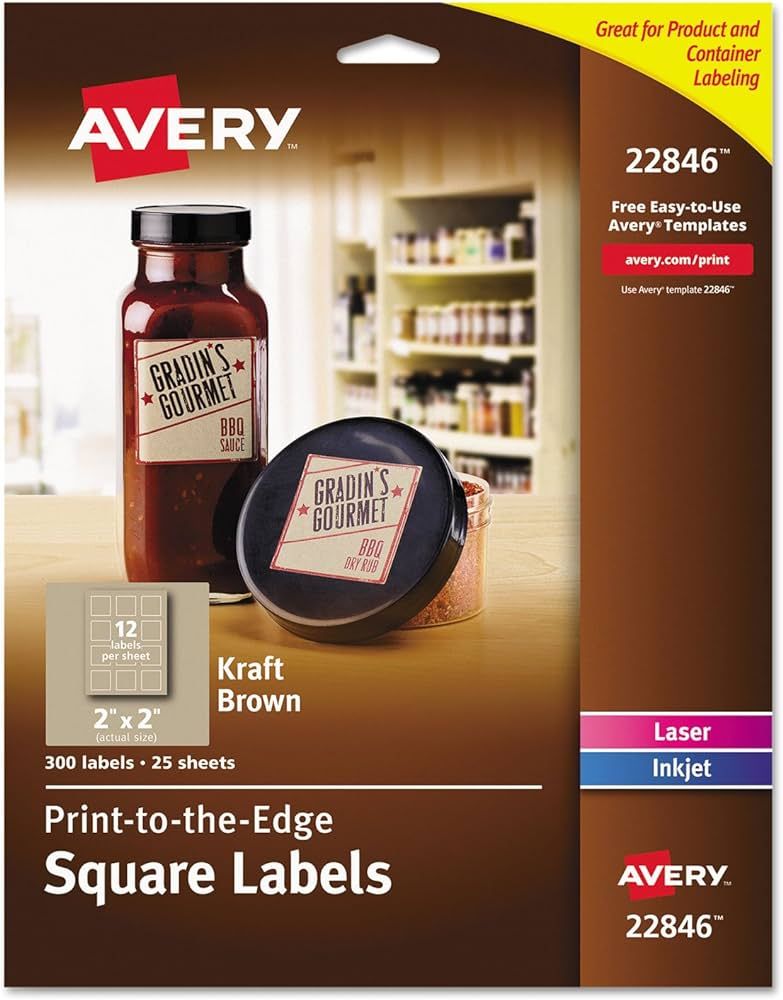 Avery Kraft Brown Square Labels with Sure Feed Technology, 2" x 2", Print to The Edge, Laser/Inkj... | Amazon (US)