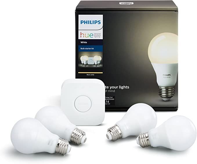 Philips Hue White A19 60W Equivalent LED Smart Bulb Starter Kit (4 A19 White Bulbs and 1 Hub Comp... | Amazon (US)