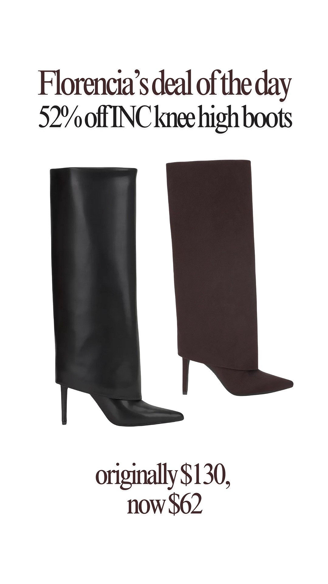 Good morning ladies! Happy weekend🤎🤎

Today’s deal of the day is a pair of boots. I’ve posted before, but this is the best price I’ve seen them for thus far. 🤩🤩

I love the fold over boot trend, it’s very givenchy inspired- and these boots come in chocolate, brown, and black two of my favorite tones!

#LTKFindsUnder50 #LTKSeasonal #LTKGiftGuide