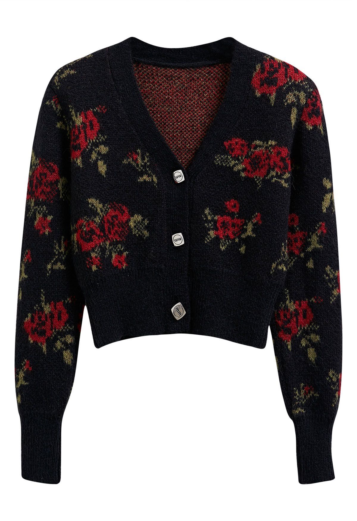 Charming Bouquet Buttoned Crop Cardigan in Black | Chicwish