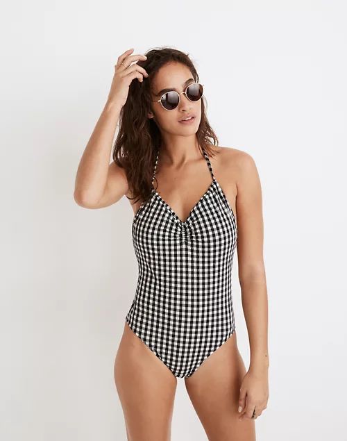 Madewell Second Wave Seersucker Drawstring One-Piece Swimsuit in Gingham Check | Madewell