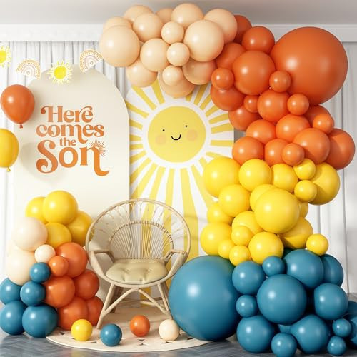 Here Comes the Son Balloon Arch Kit, 128pcs Retro Blue and Yellow Balloons Garland kit, Slate Blue and Beige Balloon for kids Baby Shower Gender Reveal Birthday Boho Anniversary Party Decoration | Amazon (US)