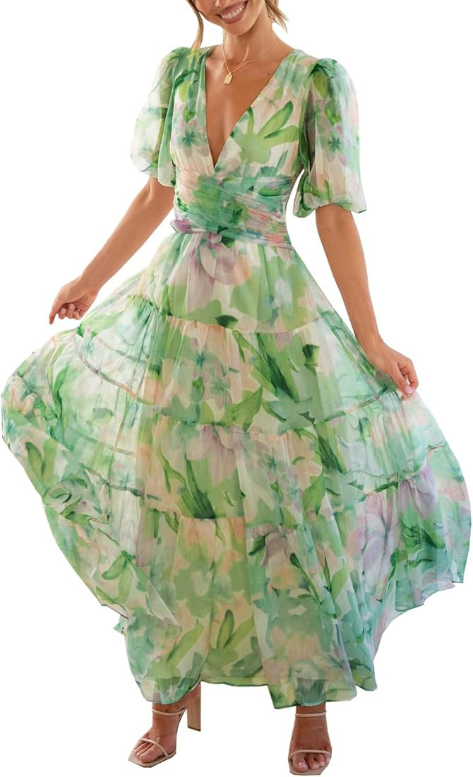 Sissyaki Women's Square Neck Tiered Long Dress Short Sleeve High Waist Smocked Midi Dress | Amazon (US)