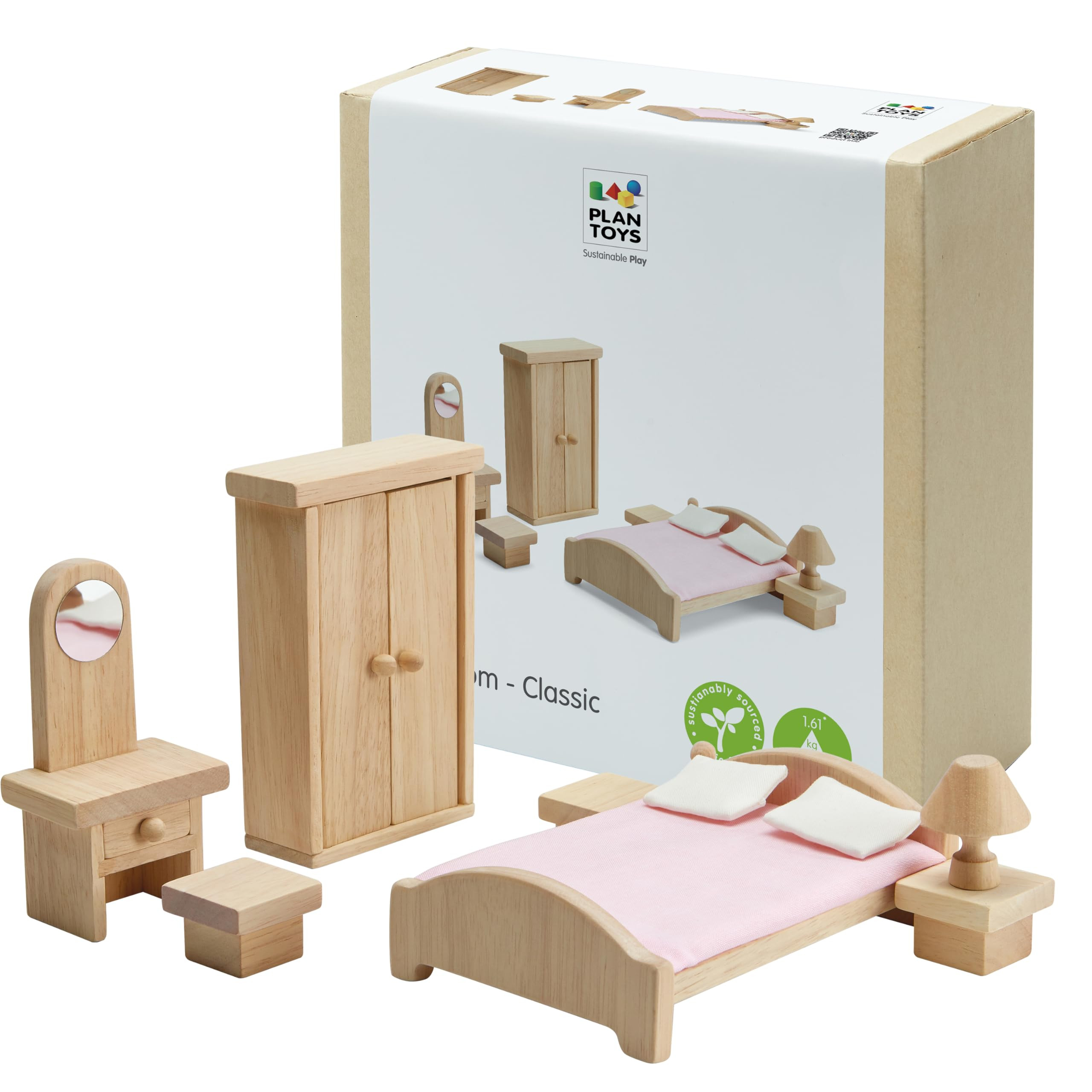 PlanToys® Classic Dollhouse Bedroom Furniture Set | Eco-Friendly Wooden Dollhouse Accessories fo... | Amazon (US)