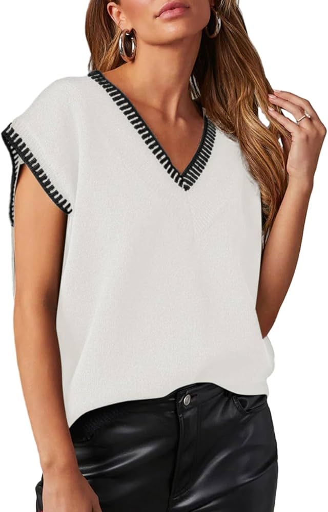 Dokotoo Women's V Neck Sleeveless Sweater Vest Casual Solid Cap Sleeve Knit Pullover Tank Tops 20... | Amazon (US)
