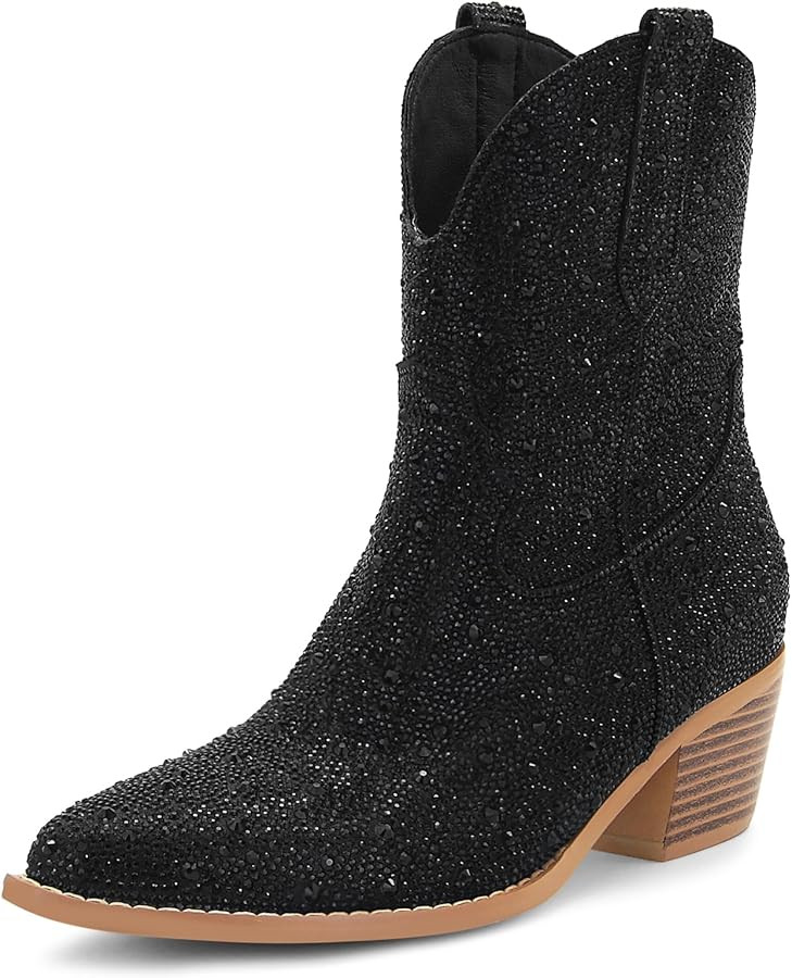 SOVANYOU Women's Rhinestone Cowboy Boots Pointed Almond Toe Block Heel Sparkly Cowgirl Boots | Amazon (US)