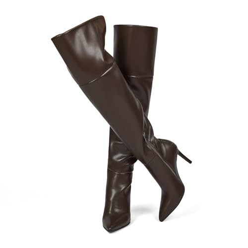 wetkiss Dark Brown Over the Knee Boots for Women 4 in Stiletto Heel Thigh High Ponited Toe Boots with Zipper Wide Calf Womens Brown Boot High Heel Fashion Dress Long Boot for Date Party, Size 9.5 | Amazon (US)