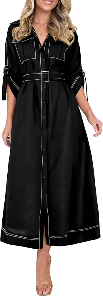 PRETTYGARDEN Womens Maxi Shirt Dress Casual 3/4 Sleeve Button Down Lapel V Neck A Line Belted Lon... | Amazon (US)