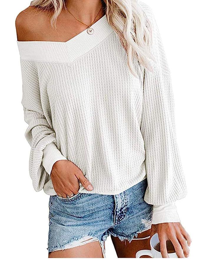 Tobrief Women's V Neck Long Sleeve Waffle Knit Tops Off Shoulder Oversized Pullover Sweater | Amazon (US)