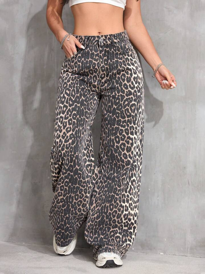 Leopard Print Denim Long Pants, Casual & Fashionable For Everyday Wear | SHEIN