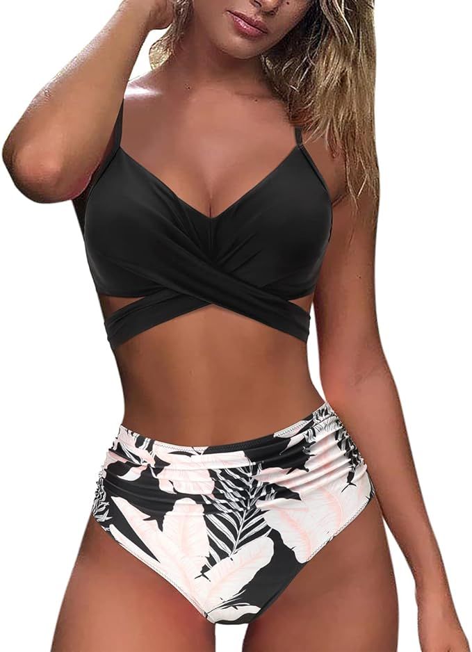 MOOSLOVER Women Leopard High Waisted Bikini Criss Cross Push Up Two Piece Swimsuits | Amazon (US)