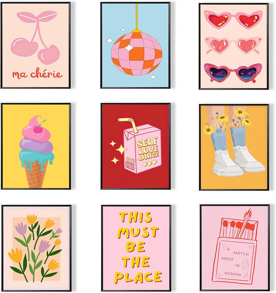 Esejchiam Cute 9 Piece Y2K Wall Art Cherry Ice Cream and Heart Sunglasses Canvas Posters Self Lov... | Amazon (US)