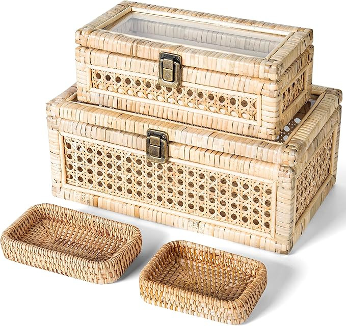 Rattan Display Boxes with Glass Lids - Rectangular Decorative Storage Baskets for Shelf - Set of ... | Amazon (US)