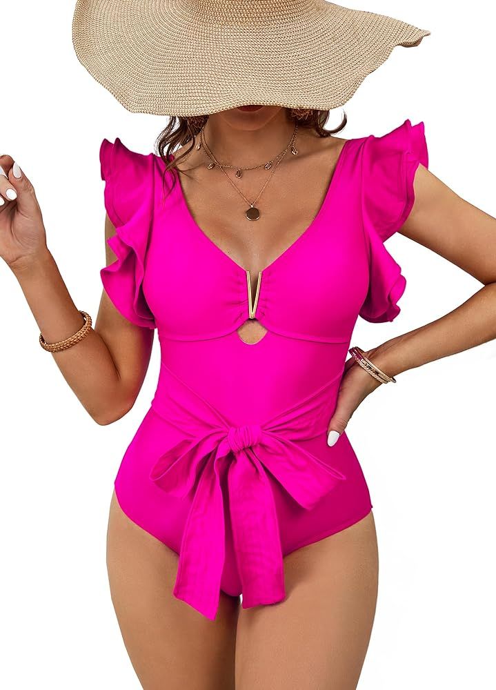 SPORLIKE Women One Piece Swimsuit Ruffle V Neck Swimwear Padded Bathing Suit | Amazon (US)