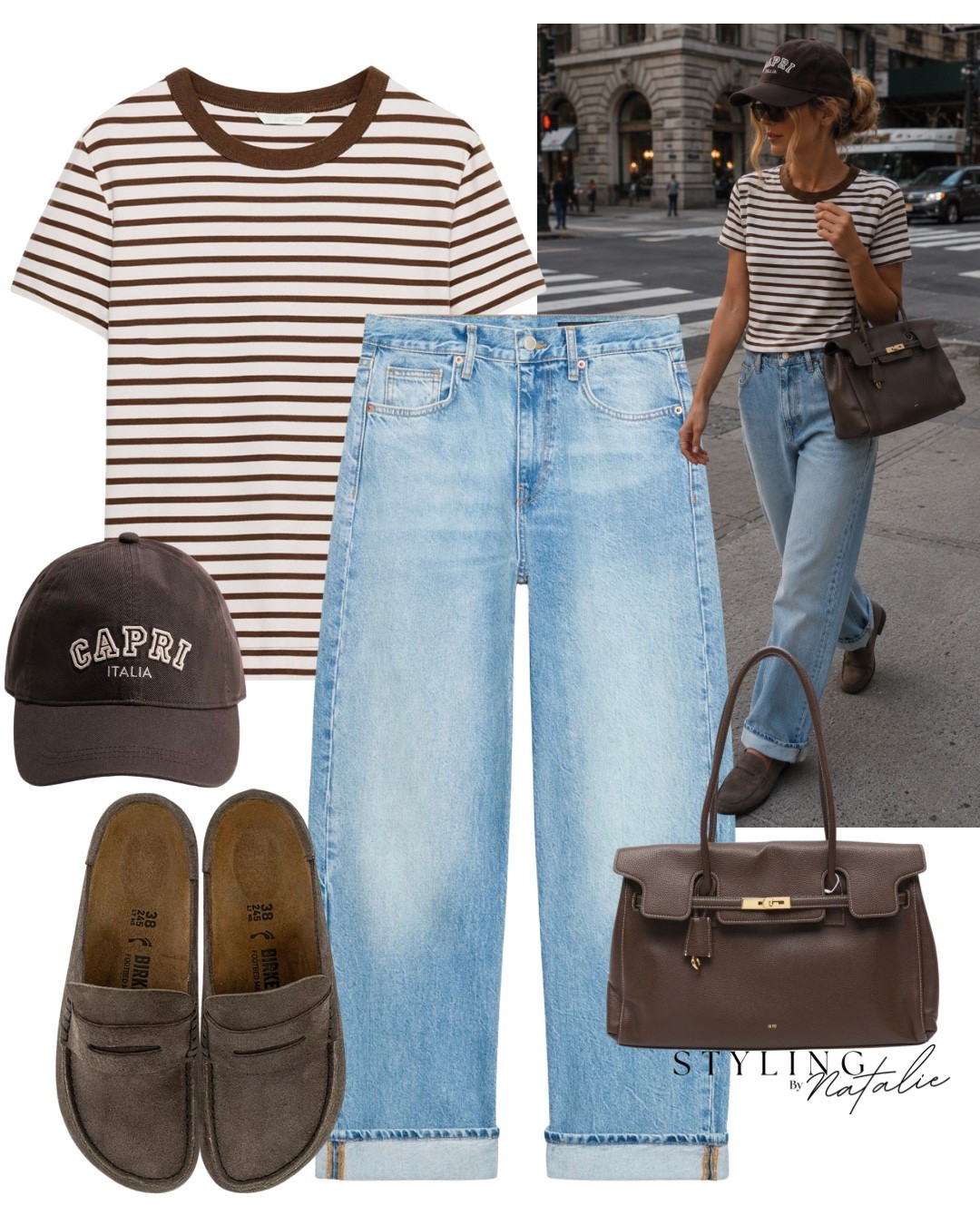 Stripe t-shirt, light denim baggy turn up hem jeans, baseball cap, leather bag and suede Birkenstock Naples loafers.
Casual everyday cool girl chic, Zara, summer, transitional, neutral outfit, slip on loafers @Zara

#LTKuk #LTKjeans #LTKeurope
