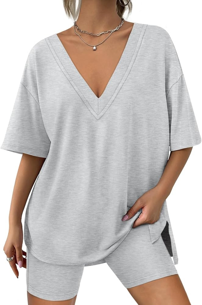 AUTOMET Womens 2 Piece Sets Summer Outfits Reversible Oversized T Shirts Tops Biker Shorts Lounge... | Amazon (US)