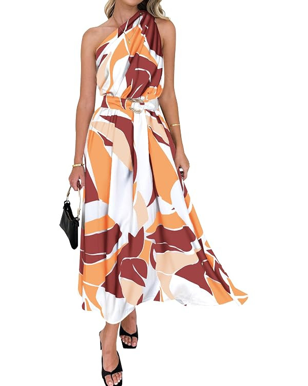 BTFBM Women's Sleeveless One Shoulder Dress Resort Outfits Casual Summer Maxi Sundress Print Belt... | Amazon (US)