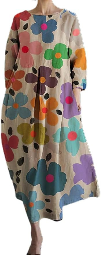 Akivide Women's Flowy Oversized Baggy Boho Floral Print Long Sleeve Crewneck Cotton Maxi Dress Lo... | Amazon (US)